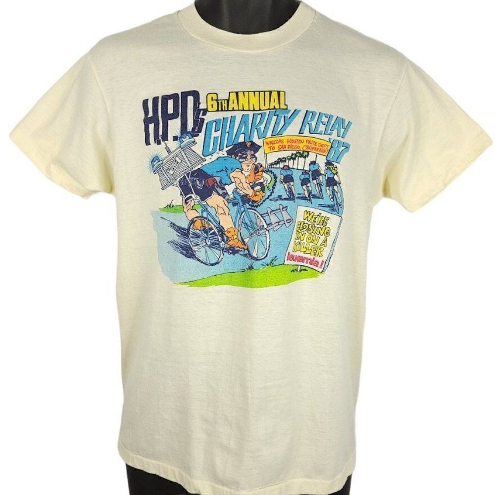 Houston Police Department Charity Relay T Shirt Vintage 80s 1987 Cycling 50/50 M